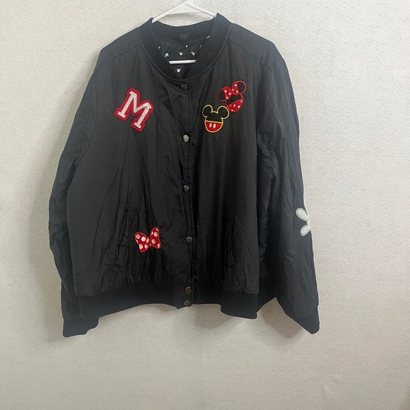 Disney Jackets & Blazers - Disney Mickey & Minnie Varsity Bomber Jacket Black Snap Button Patch Coat